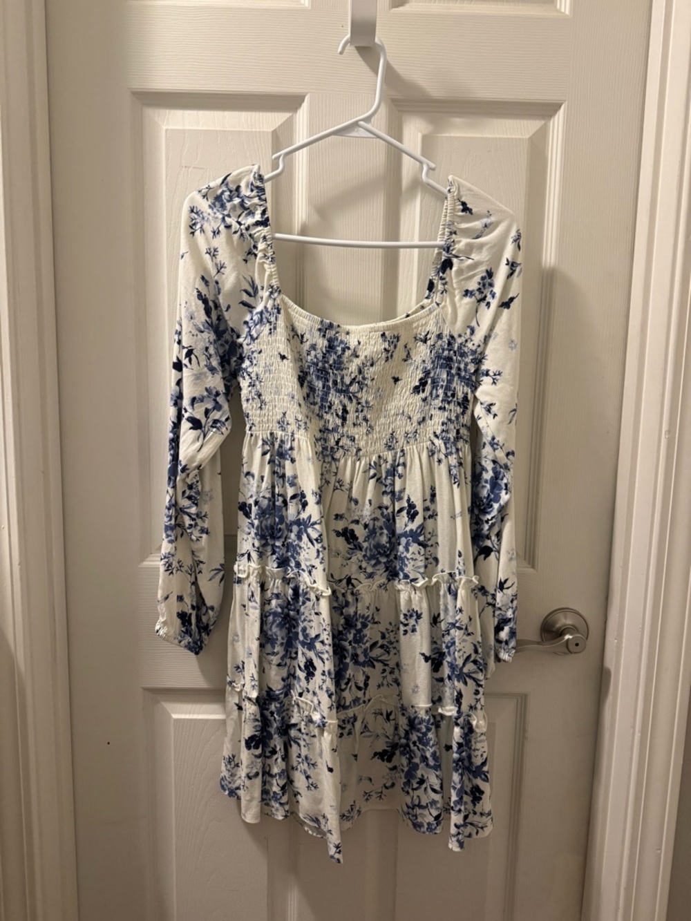 Altar'd State White Floral Smocked Tiered Mini Dress with Blue Print